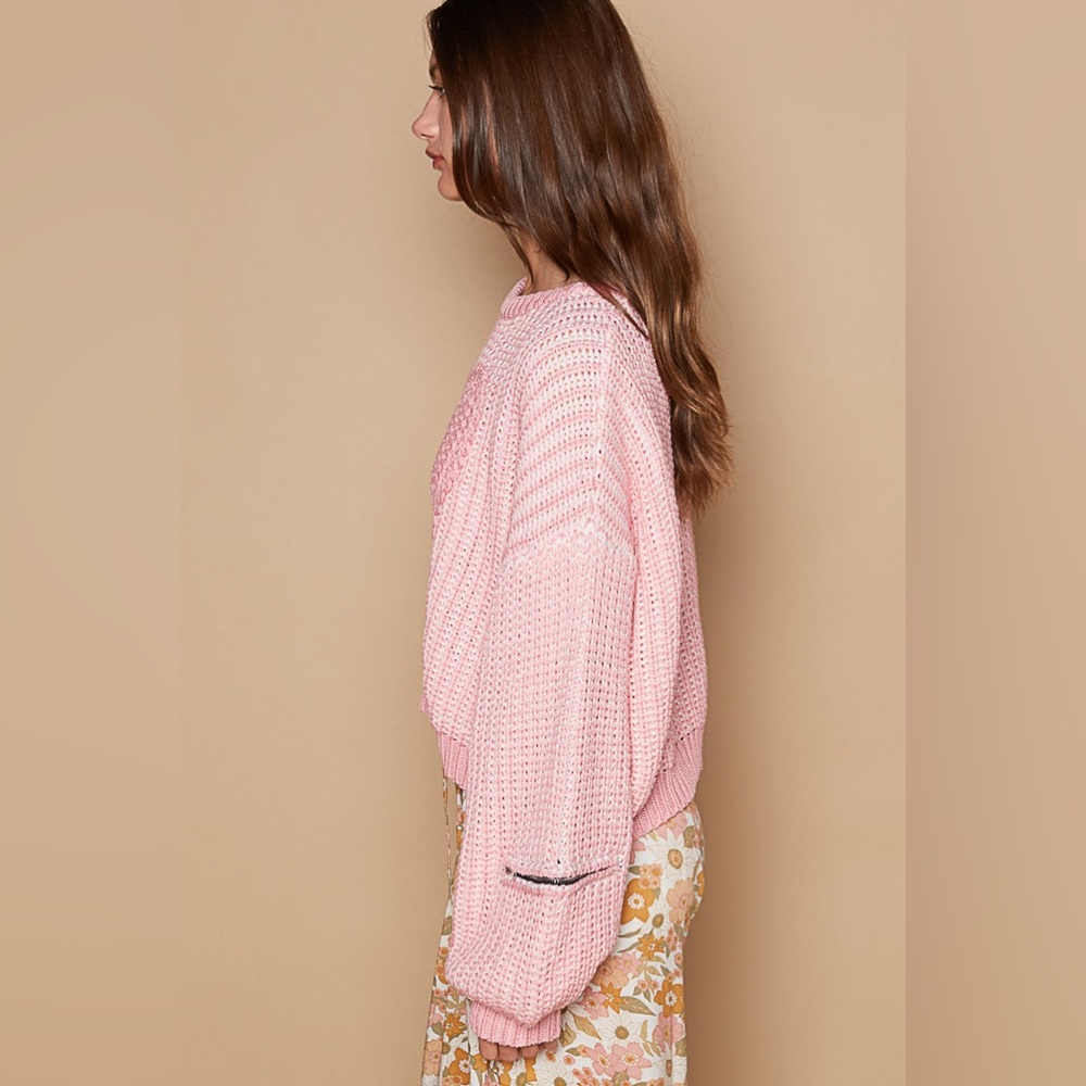 901. 🛑POL AT COST! LAST 1! Crochet Pullover Sweater Pink white Chunky Heart zip - Picture 5 of 6